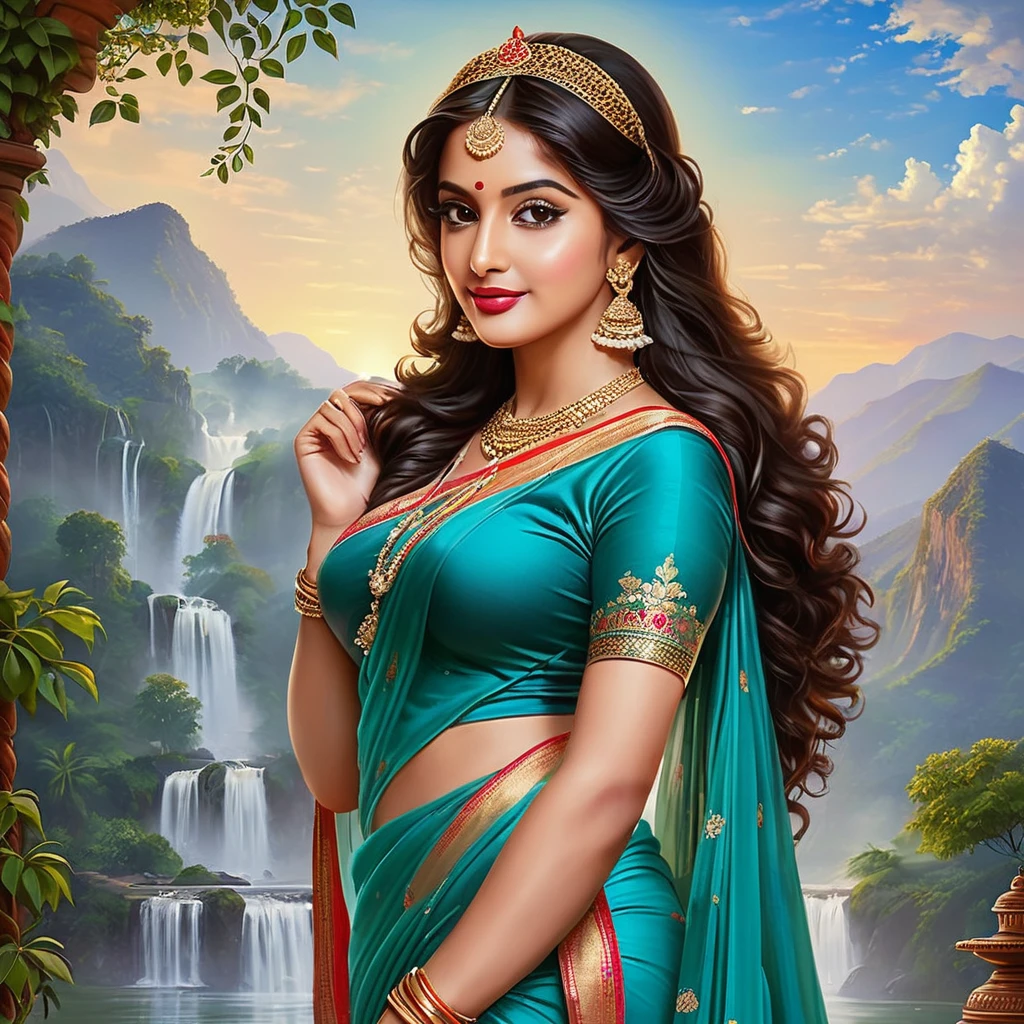 Photorealistic American of Beautiful naked American. Looking like zeenat amaan woman wearing a white saree, cooking food in front of her house, Photorealistic image of a beautiful American woman with sun-kissed skin and long, black hair tied in a loose bun. She wears a simple wet elegant cotton white transparent saree whitered border. Her  clearly visible. side pose,  side  visible and a peaceful smile rests on her lips. Background: Lush green hills bordering the river, with the rising sun casting a warm glow on the scene. Camera: Medium shot, 50mm lens, slightly off-center view. Render: High resolution, detailed, natural light, soft focus on background. Big , thick, georgeous, hot