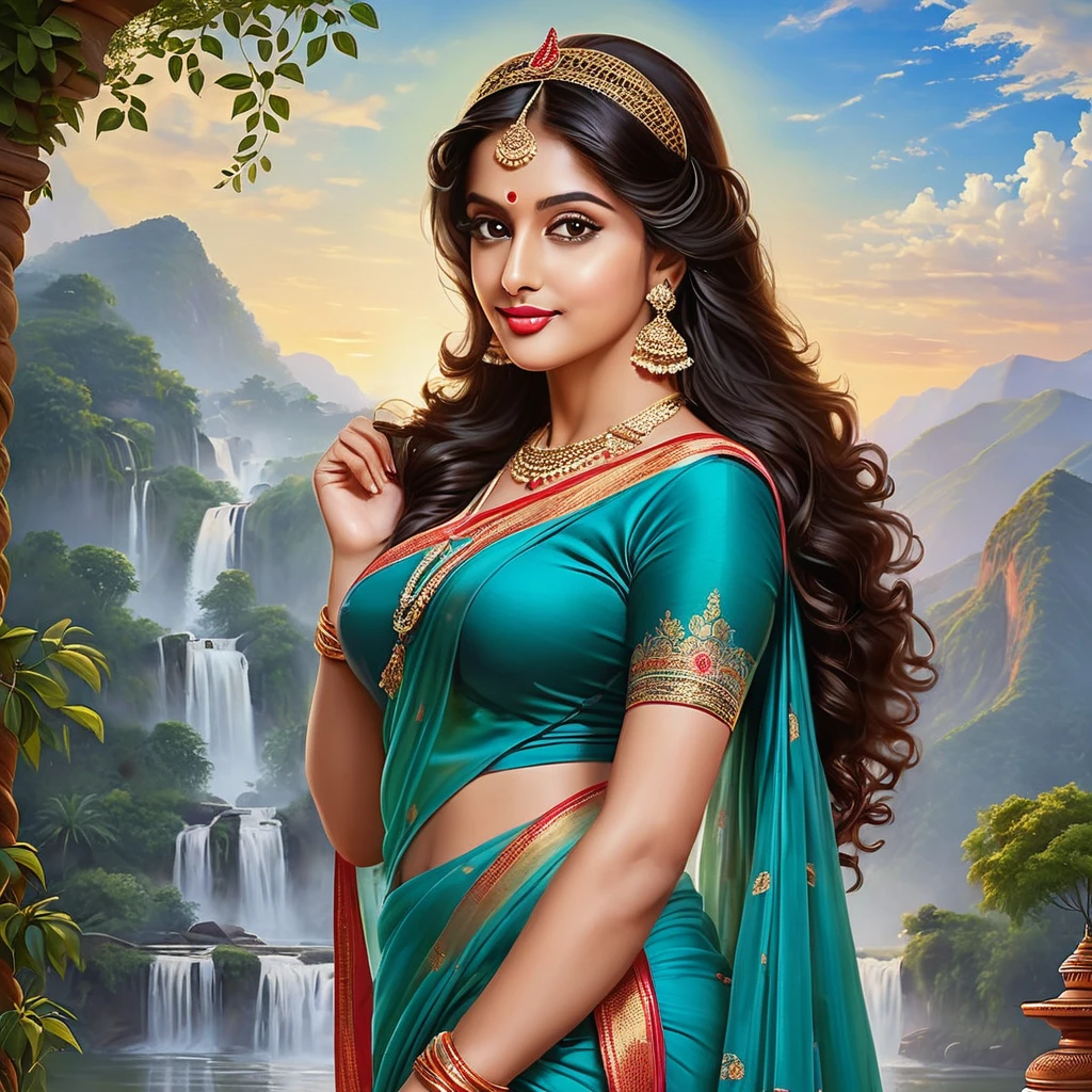 Photorealistic American of Beautiful naked American. Looking like zeenat amaan woman wearing a white saree, cooking food in front of her house, Photorealistic image of a beautiful American woman with sun-kissed skin and long, black hair tied in a loose bun. She wears a simple wet elegant cotton white transparent saree whitered border. Her  clearly visible. side pose,  side  visible and a peaceful smile rests on her lips. Background: Lush green hills bordering the river, with the rising sun casting a warm glow on the scene. Camera: Medium shot, 50mm lens, slightly off-center view. Render: High resolution, detailed, natural light, soft focus on background. Big , thick, georgeous, hot