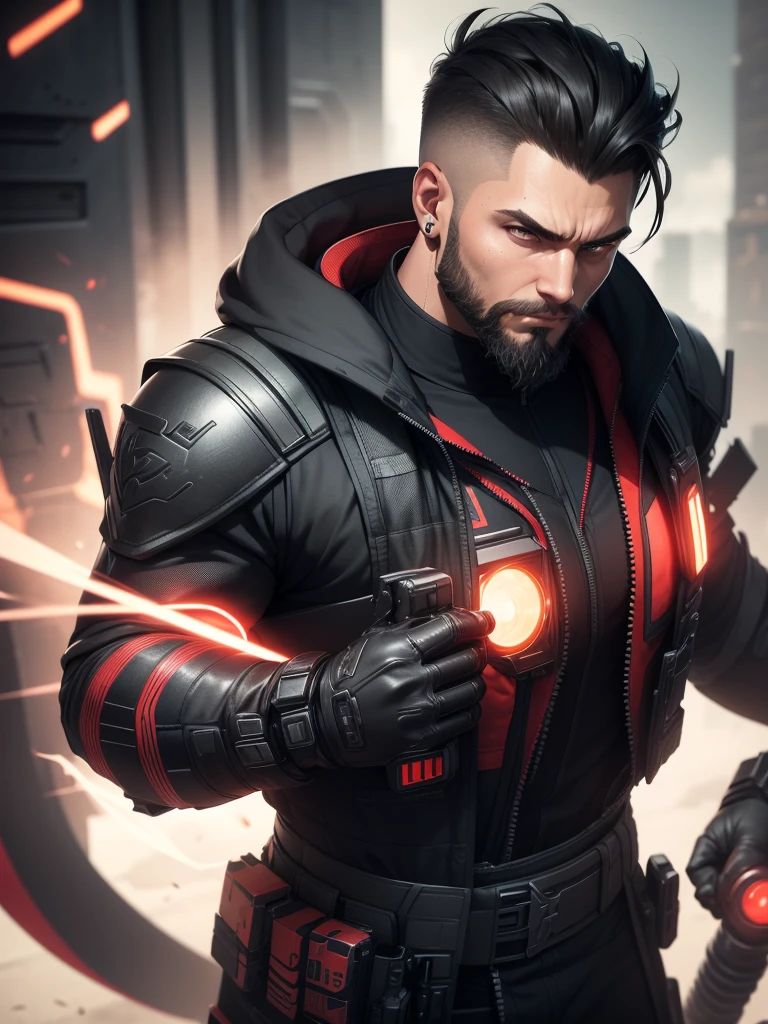 8K. sex. Crotch sticking up super highlighted in clothes. アニメ, grown-up. Supreme Marshal serious muscular skinny strong. Short black hair on top combed back short high fade shaved on the side. Large, flowing black coat on the back. Wearing thick black armor super detailed and dark equipped with various equipment with well polished and polished red energy tech details with equipment vests on the waist with grenades and energy vials. Beautiful black and red energy earring. beautiful boss, male with short beard style elegant goatee. fund: He is on top of a building aiming a long sniper with red plasma technological details.