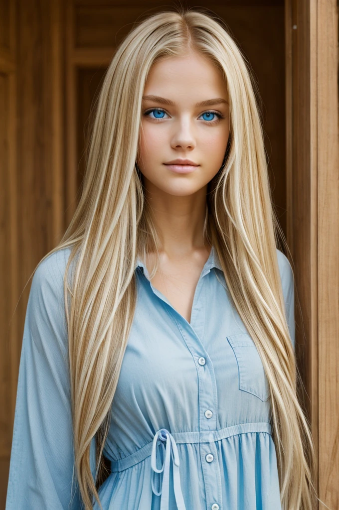 Extra light blonde haired girl with long hair and light blue eyes