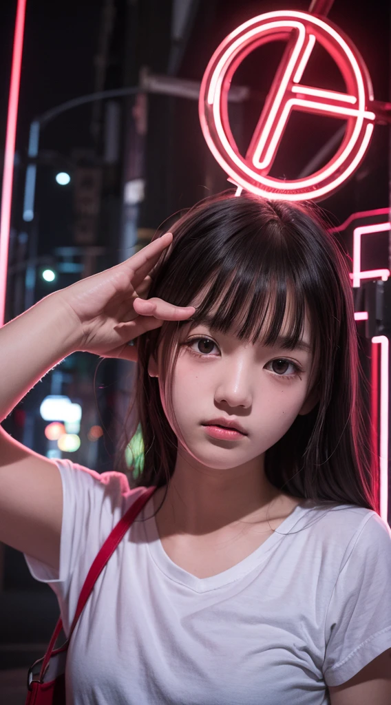 masterpiece, Highest quality, 8K, 15 years, , RAW Photos, Absurd, Award-winning portrait, alone, night, neon, Idol's face, Violet, Gardenias, Delicate girl, Upper Body, Digital SLR, View your viewers, Frank, Sophisticated, like々Shii, Thin arms, Professional Lighting, Film Grain, chromatic aberration, (Detailed eyes and face:1.0), (Bokeh:1.1)