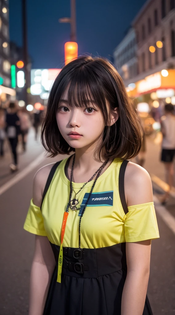 masterpiece, Highest quality, 8K, 15 years, Teen, RAW Photos, Absurd, Award-winning portrait, alone, night, neon, Idol's face, Violet, Gardenias, Delicate girl, Upper Body, Digital SLR, View your viewers, Frank, Sophisticated, like々Shii, Thin arms, Professional Lighting, Film Grain, chromatic aberration, (Detailed eyes and face:1.0), (Bokeh:1.1)