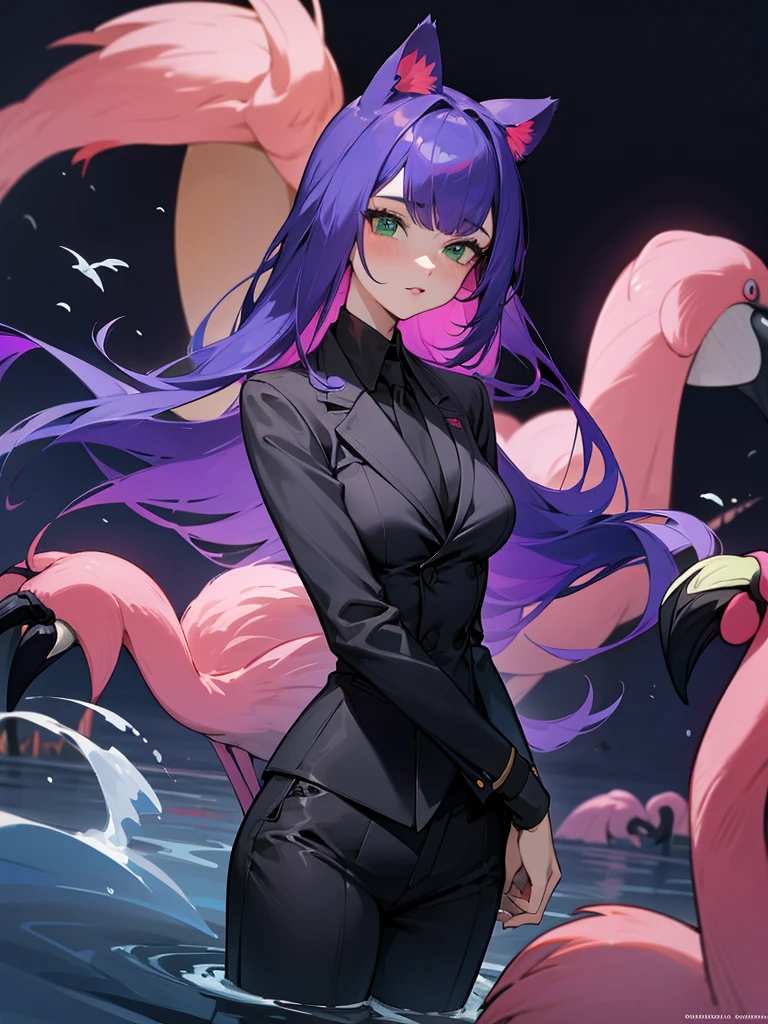 woman in a black pantsuit stands in the water surronded by ((flamingos)), long purple hair, green eyes, cat ears, high image quality, detailed face