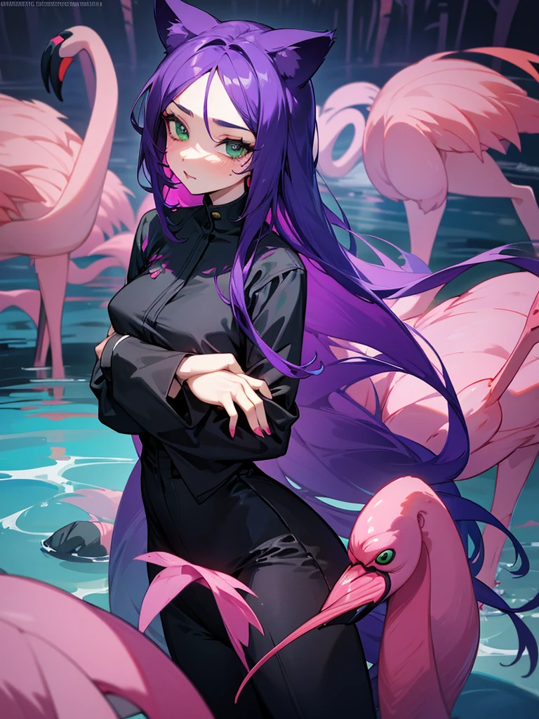 woman in a black pantsuit stands in the water surronded by ((flamingos)), long purple hair, green eyes, cat ears, high image quality, detailed face 