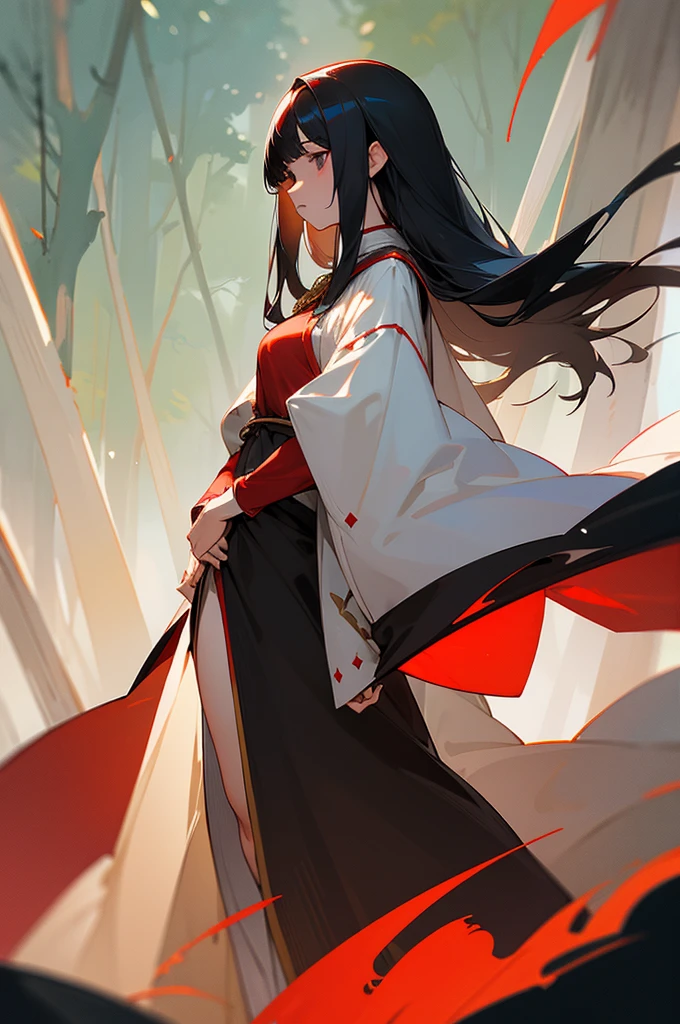 fantasy, semi-realistic, long black hair, female human, priestess, gray eyes, red and white robes, full body, wide hips, forest background, neutral expression, middle parted fringe, arms on sides, medieval fantasy,