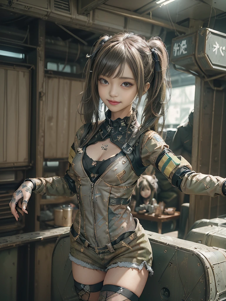 (Full Body View:1.2)、(Side view:1.1)、(Please smile with your teeth showing:1.3),(Shibuya Gal:1.5)、(Gothic Lolita style fashion:1.5)、(Tattered khaki and gray futuristic micro high leg bodysuit:1.5)、(Tattered Khaki and Moss Green Micro Fancy Sleeves:1.5)、(Tattered khaki micro shorts:1.5)、(Brown and khaki knee socks:1.3)、(camouflage:1.3)、(Military jacket:1.4)、Brown boots、Khaki gloves、internal、(The underwear is striped:1.4)、23 years old、(do a gravure pose:1.3)、((Highest quality、8K、masterpiece:1.3))、One girl、The beauty of slim abs:1.3、(Hairstyle Casual、Big Tits:1.1)、dress:1.1、Super small face、Narrow eyes、double eyelid、Laughter、Esbian all over、Dynamic Angle、Close-up、CPL Filter、Blurred Background、Bokeh、Blue Hour、Detailed face and skin texture、Detailed Eyes,(Twin tails:1.3)、(Brown-golden hair:1.4)、Gravure idol pose、(The background shows a futuristic hovercraft bike flying through the air.:1.3)、(The body is slim:1.2),(Slim legs:1.4),(clavicle:1.1)