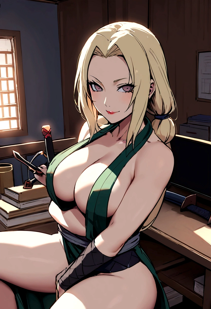 Create an ecchi artwork of Tsunade from Naruto. She is in her office, dressed in her signature outfit but with a more revealing twist – her kimono is slightly open, showing off her ample cleavage and toned midriff. She’s leaning against her desk with a seductive smile, her eyes glancing provocatively towards the viewer. Her long blonde hair cascades down her back, and the lighting in the room casts a warm glow on her flawless skin. The background features a glimpse of her office, with scrolls and ninja tools neatly arranged, adding to the immersive atmosphere.