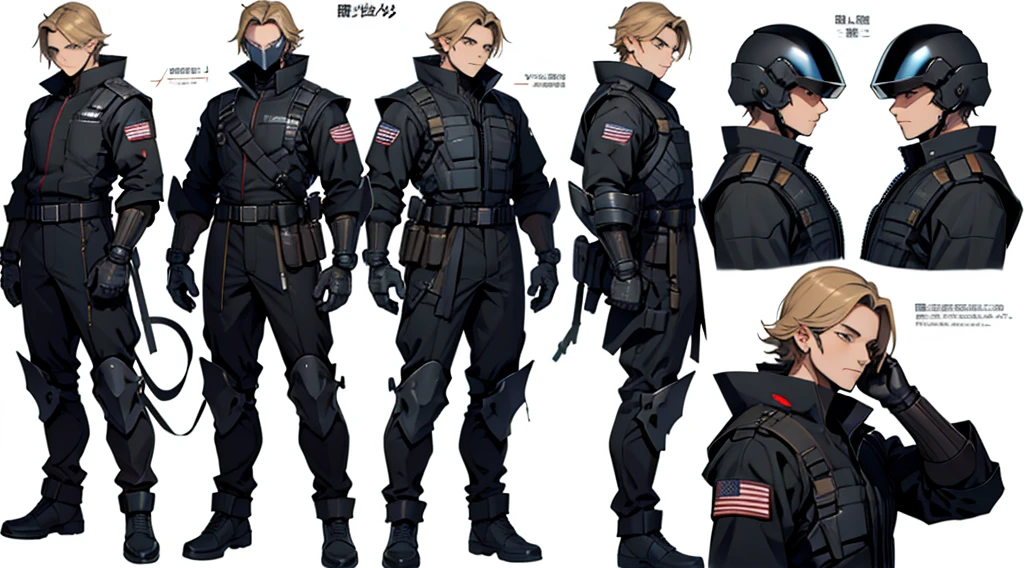 Character design sheet、male、Black military uniform、Detailed face、Body Armor、Full Face Cyber Helmet