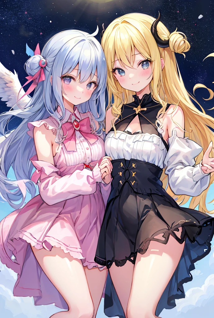 beautiful illustrations, highest quality, pretty girl,beautiful girl、clear face、 half girl、pastel colour ,blonde、black hair、black eyes、smile、blush、にこやかなsmile、thighs、Devil girl and angel girl、two girls、fantasy、fantasy、perfect hands、five fingereet、facing each other、