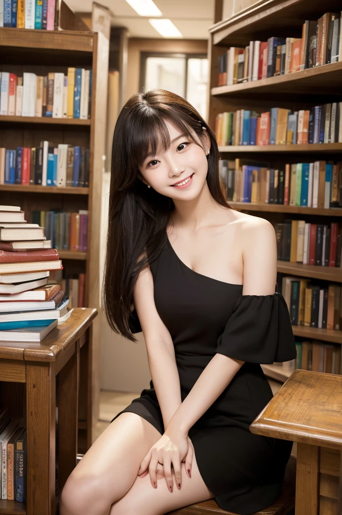 (8k, RAW photo, best quality, masterpiece:1.2), (realistic, photo-realistic:1.4), (extremely detailed 8k wallpaper),korean 20 age woman, The image captures her surrounded by shelves of books, emphasizing her intellectual curiosity and the quaint charm of the bookstore,cute face,A woman who looks good with a smile,bewitching hair,reading a book happily,(sexy costume),One-shoulder dress,A smile that invites others,Lower Ponytail,Thighs are slightly visible through clothing