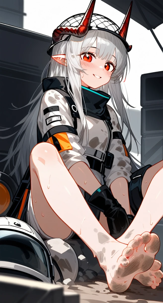 score_9,score_8_superior,score_7_superior,One girl,Mudstone (Arknights),dirty,feet,gloves,Helmet,horn,feet裏,Red eyes,裸feet,Pointed Ears,chest,alone,Long Hair,Gray Hair,black gloves,Toes,Helmet,feetのフォーカス,View your viewers,Sitting,Sweat,Part your lips,dirty feet,Holding,Outdoor,null,bangs,oripathy lesion (Arknights),Day,smile,blush,demon horn,infection monitor (Arknights),Shorthand,sun,
