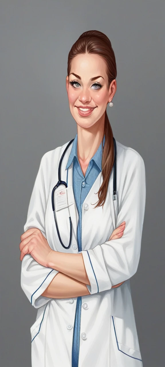 face,brown hair,grey eyes,juicy lips,nurse in scrubs,ample bosom (enhanced:1.1),(voluminous,bust:1.1),(curvaceous,busty:1.2),plump buttocks (enhanced:1.1),(voluptuous:1.1),charming smile,feminine appearance,professional,ultra-detailed,realistic,portrait,soft light