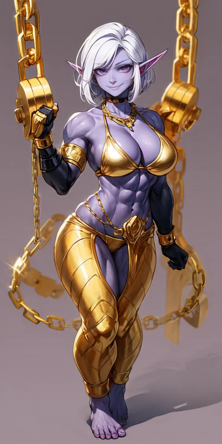 ((plain background:1.2, 1sologirl)) full body standing barefoot hands on waist navel, purple skin, drow, elf, Madura, Detailed happy face, purple eyes, white hair bob style, gold bikini, well defined six pack abs, Large knockers, black leather choker with gold cow bell, gold chain necklace, golden bracers on feet and arms, golden gloves