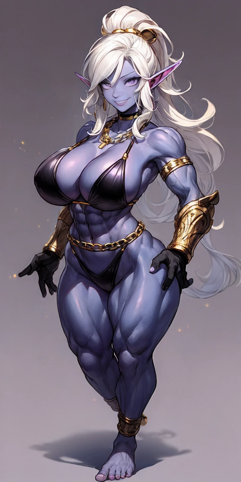 ((plain background:1.2, 1sologirl)) full body standing barefoot hands on waist navel, purple skin, drow, elf, Madura, Detailed happy face, purple eyes, white hair bob style, gold bikini, well defined six pack abs, Large knockers, black leather choker with gold cow bell, gold chain necklace, golden bracers on feet and arms, golden gloves