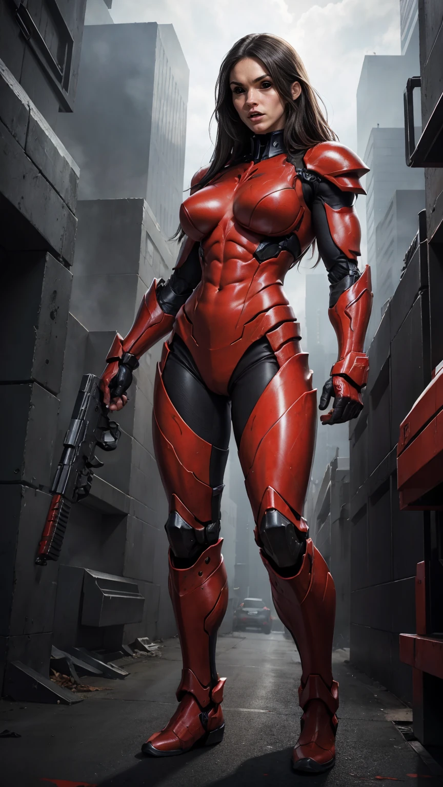 a portrait of Megan fox as armored carnage, (red carnage skinless muscular bio-mecha armor:1.25), (mouth wide open, carnage style:1.25), (full body view:1.25), Realistic, Very detailed face and eyes, (masterpiece:1.1), (beautiful girl face:1.45)