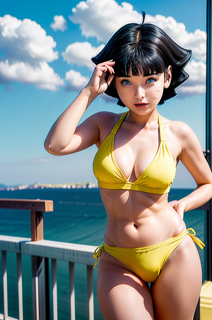 Himawari Uzumaki, Youngh, ((wearing yellow bikini)), yellow panties, sexy belly, pose sexy, (Beautiful breasts), fluffly, curves, sculptural body, gazing at viewer, Great traits, best qualityer, no flaws