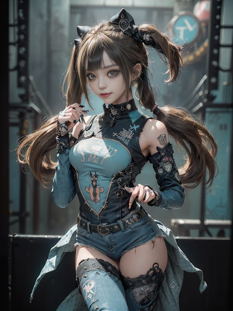 (Full Body View:1.4)、(Full body:1.3)、(Smiling with teeth showing:1.4),(Shibuya Gal:1.5)、(Gothic Lolita style fashion:1.5)、(Punk RockVisual Kei:1.5)、(Wearing a rhythmic gymnastics bodysuit with intricate details:1.4)、(Racing suit and pants with intricate turquoise, denim and charcoal decorations:1.5)、(Denim and light blue and turquoise boots:1.3)、((belt))、(Numerous delicate logo marks all over the costume:1.4)、(collar:1.3)、(Polka dot underwear:1.5)、20-year-old、NSFW、((Highest quality、In 8K、masterpiece:1.3))、Sharp focus:1.2、(Layered Cut、Huge boobs:1.1),Beautiful woman with perfect figure:1.4、(do a gravure pose:1.3)、Slender Abs:1.2、Highly detailed face and skin texture、Detailed eyes、double eyelid,(Twin tails:1.3)、(Brown-golden hair:1.3)、Gravure idol、(The background is the stage of the fashion show:1.3)、(Slim body:1.3),(Make your legs thinner:1.4),（clavicle:1.1）