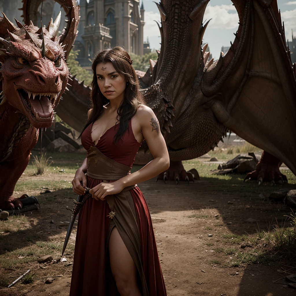 Angry Disney princess with a sword,dressed in a torn red dress, with scars on the face, in front of a giant dragon