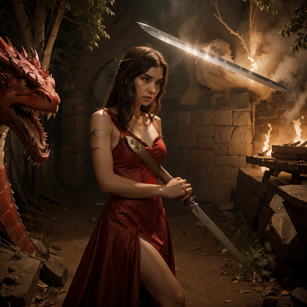 Angry Disney princess with a sword,dressed in a torn red dress, with scars on the face, in front of a giant dragon