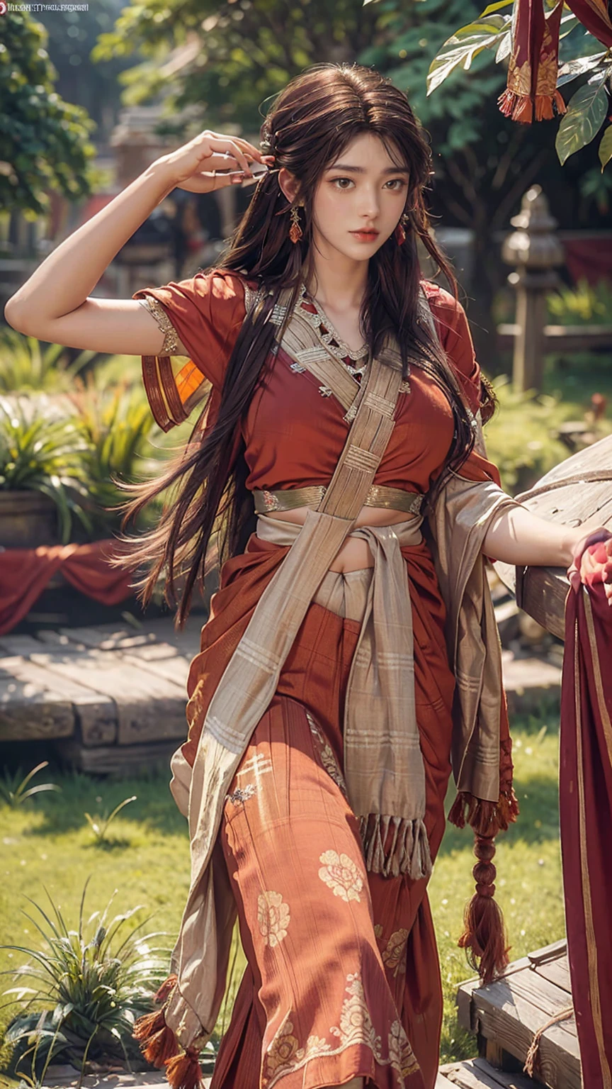 upper half body of (A hyper-realistic), (illustration), (high resolution), (8K), (highly detailed), (The best illustration of beautiful detailed image), (top-quality), (ultra-detailed), (​masterpiece), (beautiful attractive face), long hair, Earrings with bangs, ((20 year old Indian beautiful girl)) , (((wearing red Indian silk traditional sari ))) , (((Glamorous body))) , Elegant Pose, Seduction pose, Looking at the camera, garden background