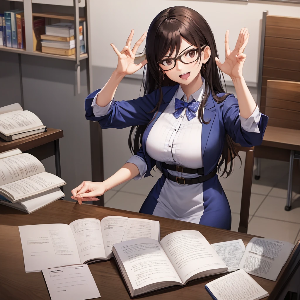 Your influencer character(milf) with long, dark hair dancing on a University Classroom, study table is full of books and notes . She is dressed in a University themed dress with glasses and has a joyful expression on her face.