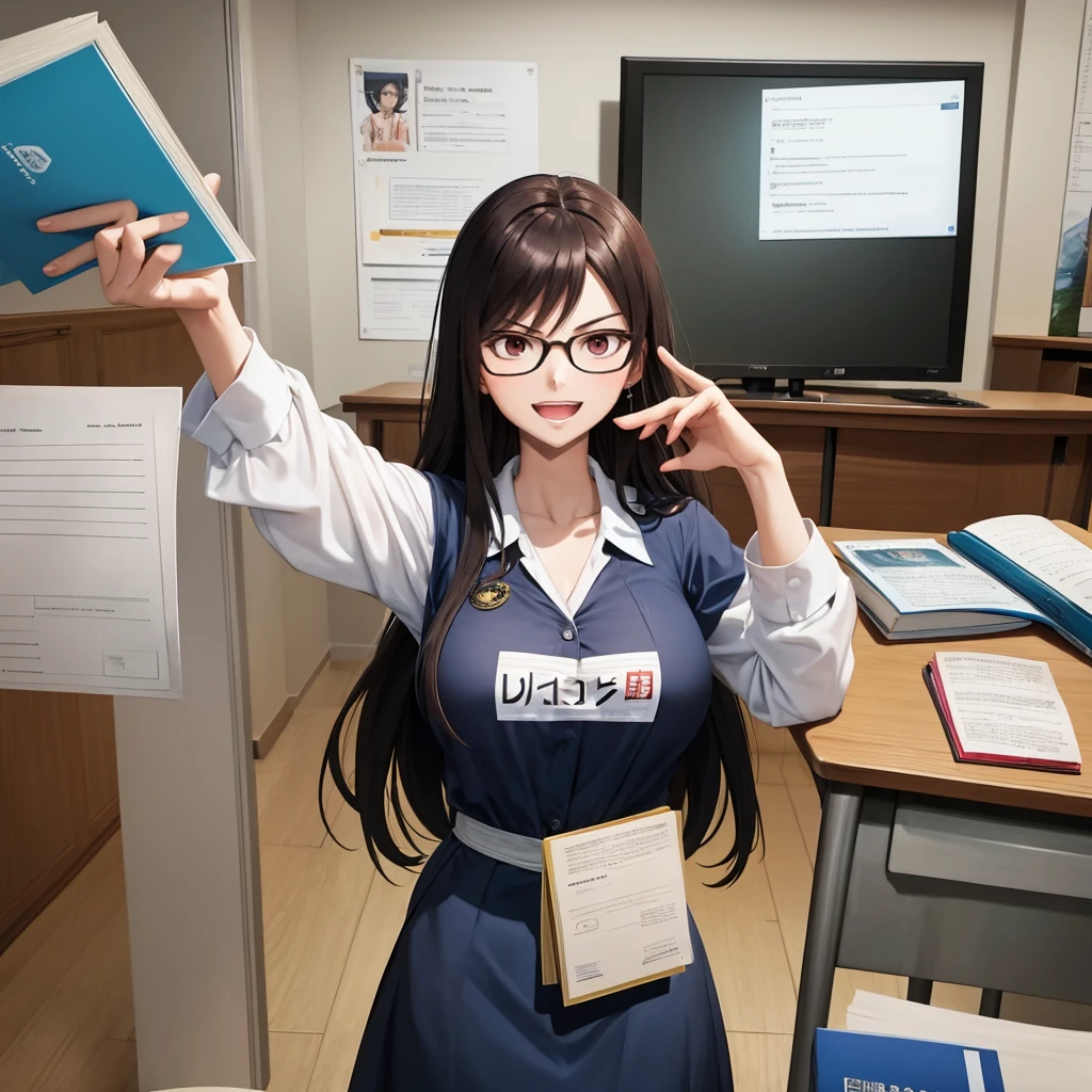 Your influencer character(milf) with long, dark hair dancing on a University Classroom, study table is full of books and notes . She is dressed in a University themed dress with glasses and has a joyful expression on her face.