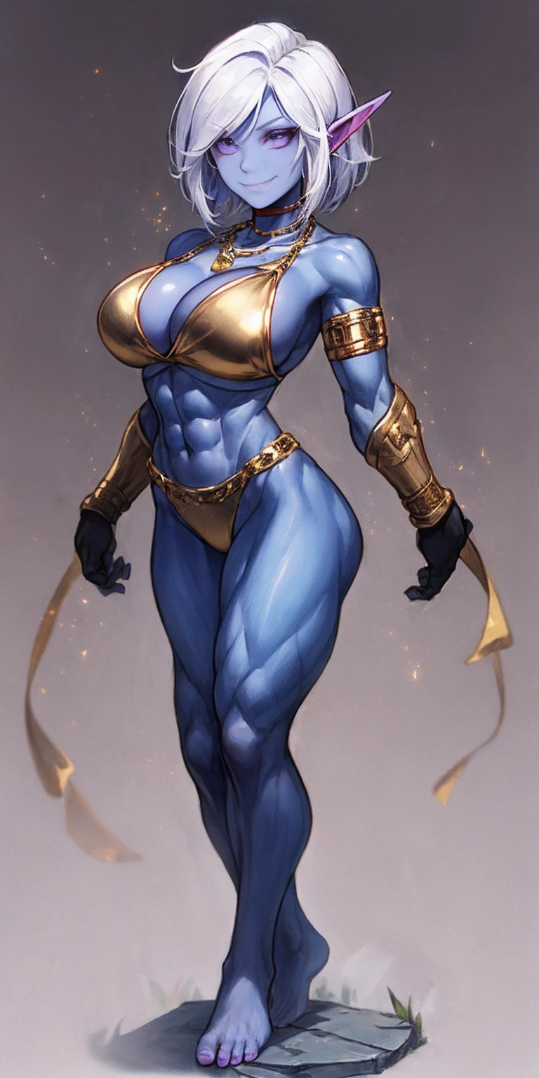 ((plain background:1.2, 1sologirl)) full body standing barefoot hands on waist navel, purple skin, drow, elf, Madura, Detailed happy face, purple eyes, white hair bob style, gold bikini, well defined six pack abs, Large knockers, black leather choker with gold cow bell, gold chain necklace, golden bracers on feet and arms, golden gloves