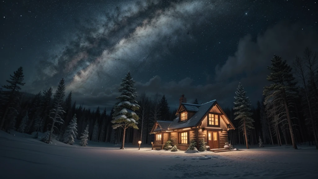 make a creative cartoon style image with a little house coming out of the chimney, at the very bottom of the image with lots of trees and at night