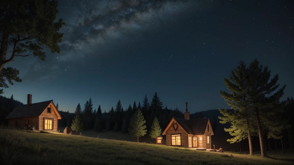 make a creative cartoon style image with a little house coming out of the chimney, at the very bottom of the image with lots of trees and at night