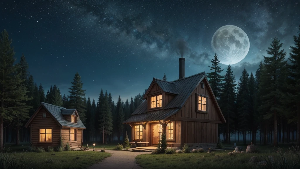 make a creative cartoon style image with a little house coming out of the chimney, at the very bottom of the image with lots of trees and at night