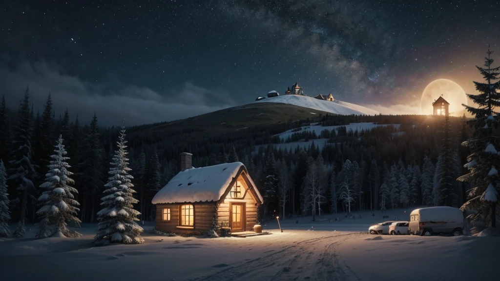 make a creative cartoon style image with a little house coming out of the chimney, at the very bottom of the image with lots of trees and at night