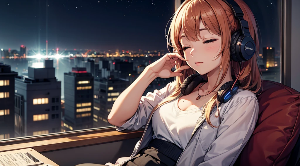 Girl with headphones enjoying music in a home　I am studying　Emphasize a little bit of the big chest　Looking towards me with eyes closed　Night Background