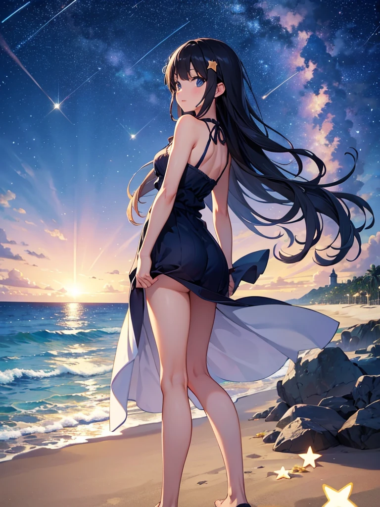 Masterpiece, beautiful beach view, starry, a big shooting star.
