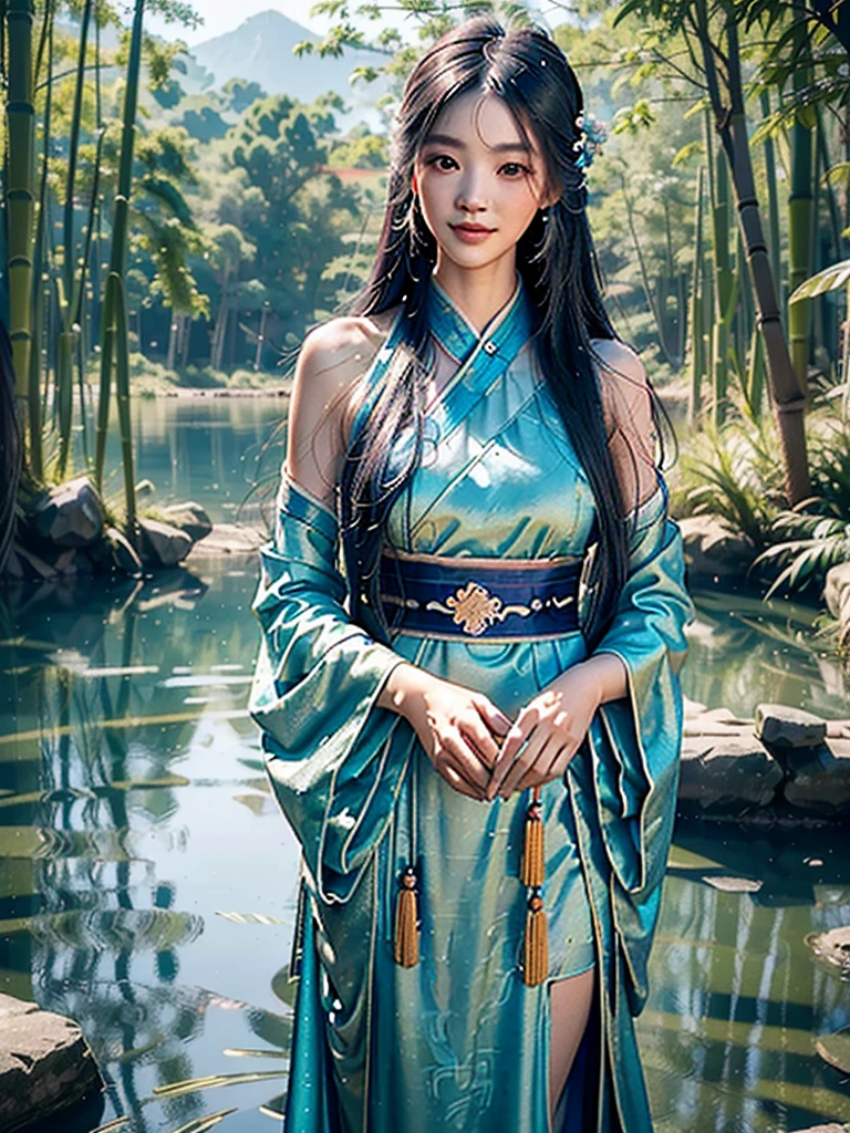 A girl in a traditional Chinese hanfu dress, standing by a lake in a bamboo forest, with long blue hair, delicate features, bare shoulders, and a gentle smile, (best quality,8k,highres,masterpiece:1.2),ultra-detailed,(realistic,photorealistic,photo-realistic:1.37),portrait,concept art,digital painting,soft lighting,vibrant colors,serene atmosphere