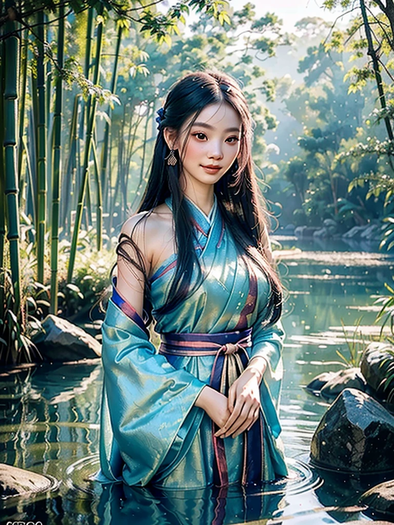 A girl in a traditional Chinese hanfu dress, standing by a lake in a bamboo forest, with long blue hair, delicate features, bare shoulders, and a gentle smile, (best quality,8k,highres,masterpiece:1.2),ultra-detailed,(realistic,photorealistic,photo-realistic:1.37),portrait,concept art,digital painting,soft lighting,vibrant colors,serene atmosphere