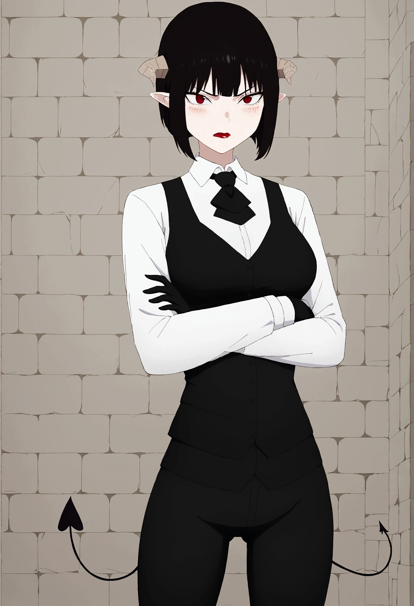 work of art, best qualityer, high resolution, 1girl horns short hair demon tail, white shirt black ascot black gloves black pants black vest , crossed arms,Eyes red,blushed,slender,angry,fully body,Dungeonpunk,inner castle