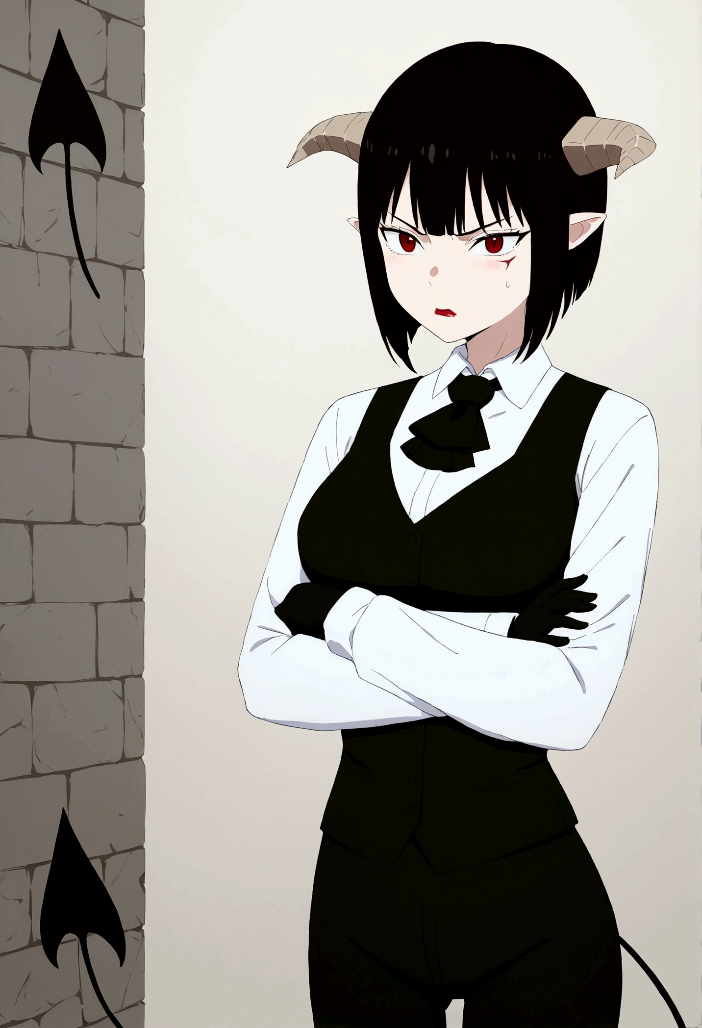 work of art, best qualityer, high resolution, 1girl horns short hair demon tail, white shirt black ascot black gloves black pants black vest , crossed arms,Eyes red,blushed,slender,angry,fully body,Dungeonpunk,inner castle
