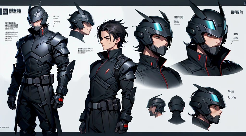Character design sheet、male、Black military uniform、Detailed face、Body Armor、Full Face Cyber Helmet
