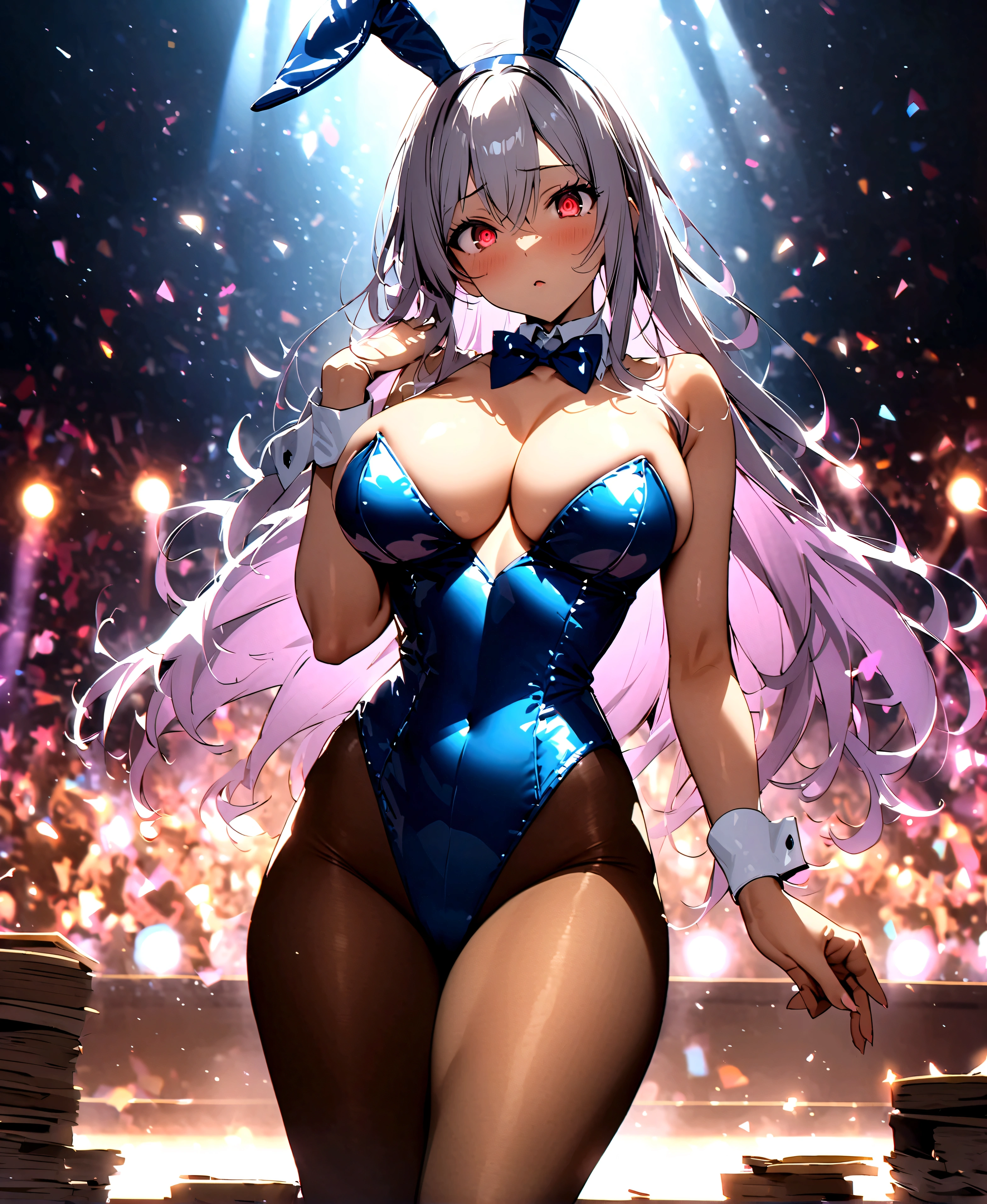 score_9、score_8_up、score_7_up、score_6_up、score_5_up、score_4_up、Rumi Usayama、Long Hair、Animal Ears、Gray Hair、Dark Skin、Bunny ears、Dark Skinの女性、Muscular、Bunny Girl、Muscularの女性、Red eyes、Parted bangs、Slim body、Athletic build、Slim body、One person girl、solo、Blatant、((Large Breasts))、Slim body、(Seductive pose)、(Shine)、Prostitute、money、((Detailed eyes))、Detailed Background、Nightclub、(stage)、(Private Booth)、(Private Strip Session)、(Stripper's pole)、Hands on pole、(pole dance)、((at night))、(Playboy Bunny Suit)、Blue leotard、pantyhose、破れたpantyhose、Proud、Expressive