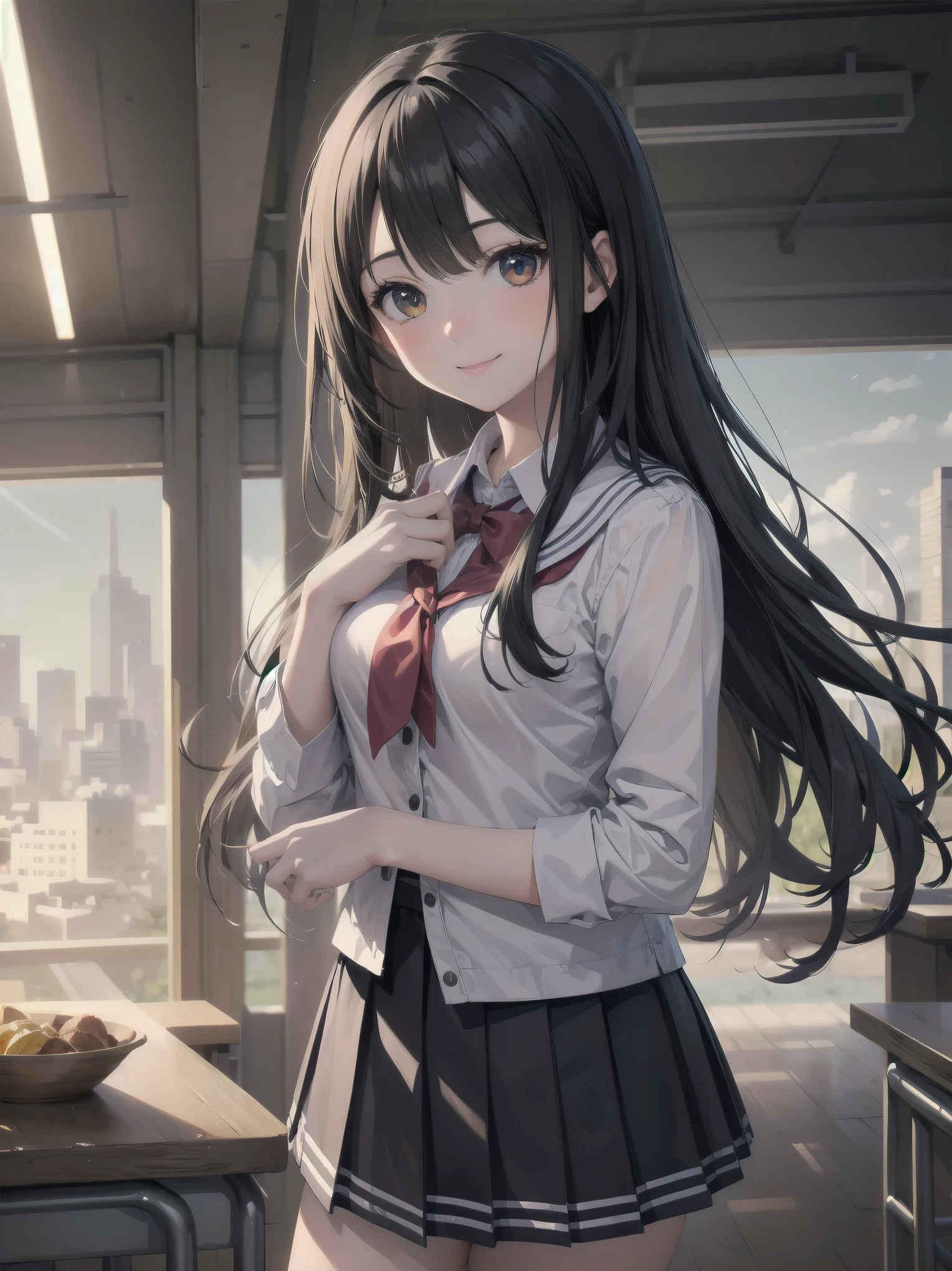 Masterpiece of detail, top quality, 1 girl, 独奏, Enhanced Dynamic Perspective,Cute PosesJk,Brand JK uniform,Look at me and smile,School life background,Masterpieces,high quality,16K resolution,Super quality,Accurate,Cinema Lighting,