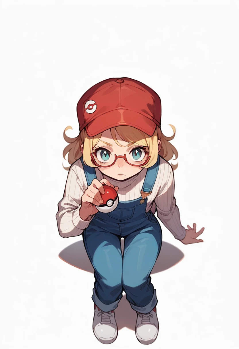 young woman with blonde hair, red cap, wears glasses, white & grey stripey sweater, blue overalls, white shoes, holding poke ball