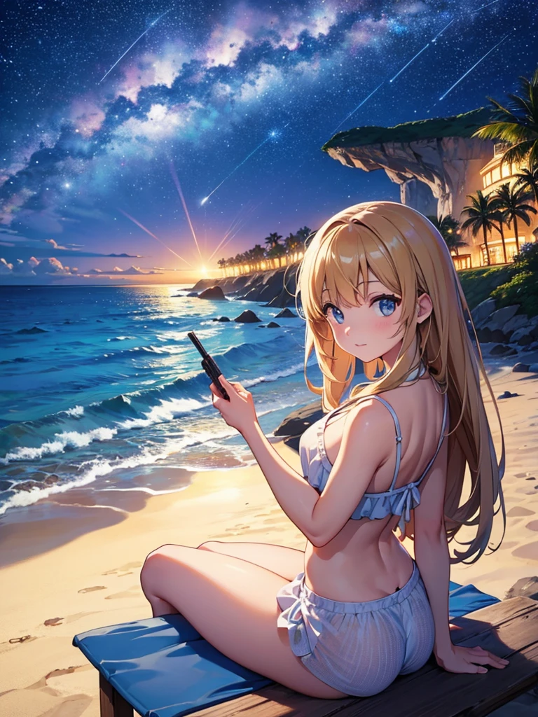 Masterpiece, beautiful beach view, starry, a big shooting star.