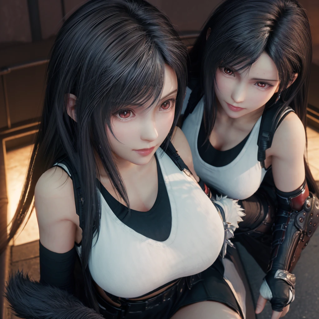8k,masterpiece,basic quality,big deal,(1 girl),Tifa Lockhart,red eyes,top down view,The rooftops of the city,black hair color hair,long white hair,professional lighting,(shiny skin:1.2),shiny big,((best quality)),lock focus:1.2,Highly detailed facial and skin textures,delicate eyes,is a perfect face,Perfect body,blur art,CG,background with,20 years old,Mature and cool face,wear((Black slip dress),black elbow gloves, White tight shirt,thigh,white vest),blush blush,Lively posture,(mittgal),flowing hair,Close-up above the chest,Smile,split