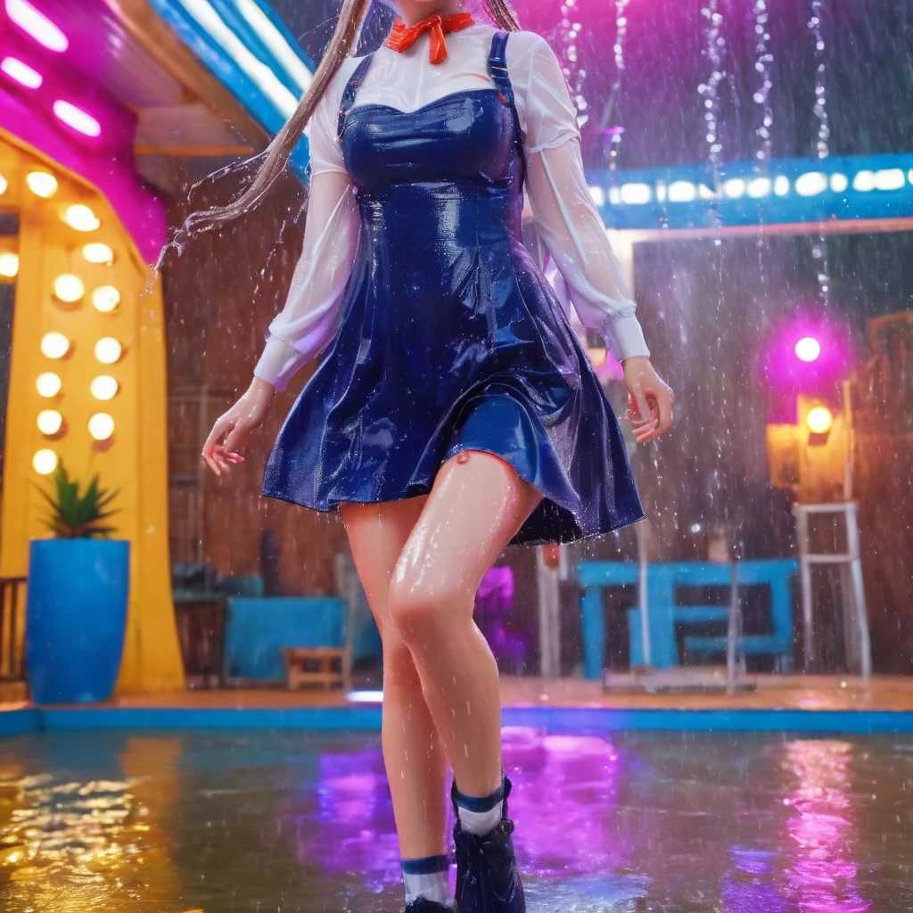 (Full body portrait:1.1)、A beautiful young idol girl with twin tails is dancing on an outdoor stage in the rain、In idol-like costumes、(Highest quality、4K、8K、High resolution、masterpiece:1.2)、Super detailed、(Real、Photorealistic、Photorealistic:1.37)、Delicate facial features、Highly detailed eyes and face、Complex hairstyles、Expressive pose、Colorful stage lights、Dynamic Performance、Bright colors、Glowing Skin、Professional photography、soakingwetclothes