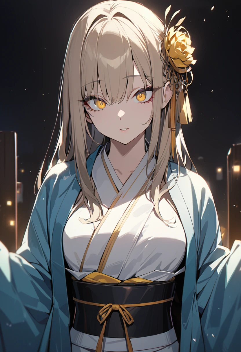 One girl, masterpiece, best quality, beautiful woman, light brown hair, yellow extensions, hair accessory, golden eyes, big eyes, kimono, haori, night sky, black background, anime
