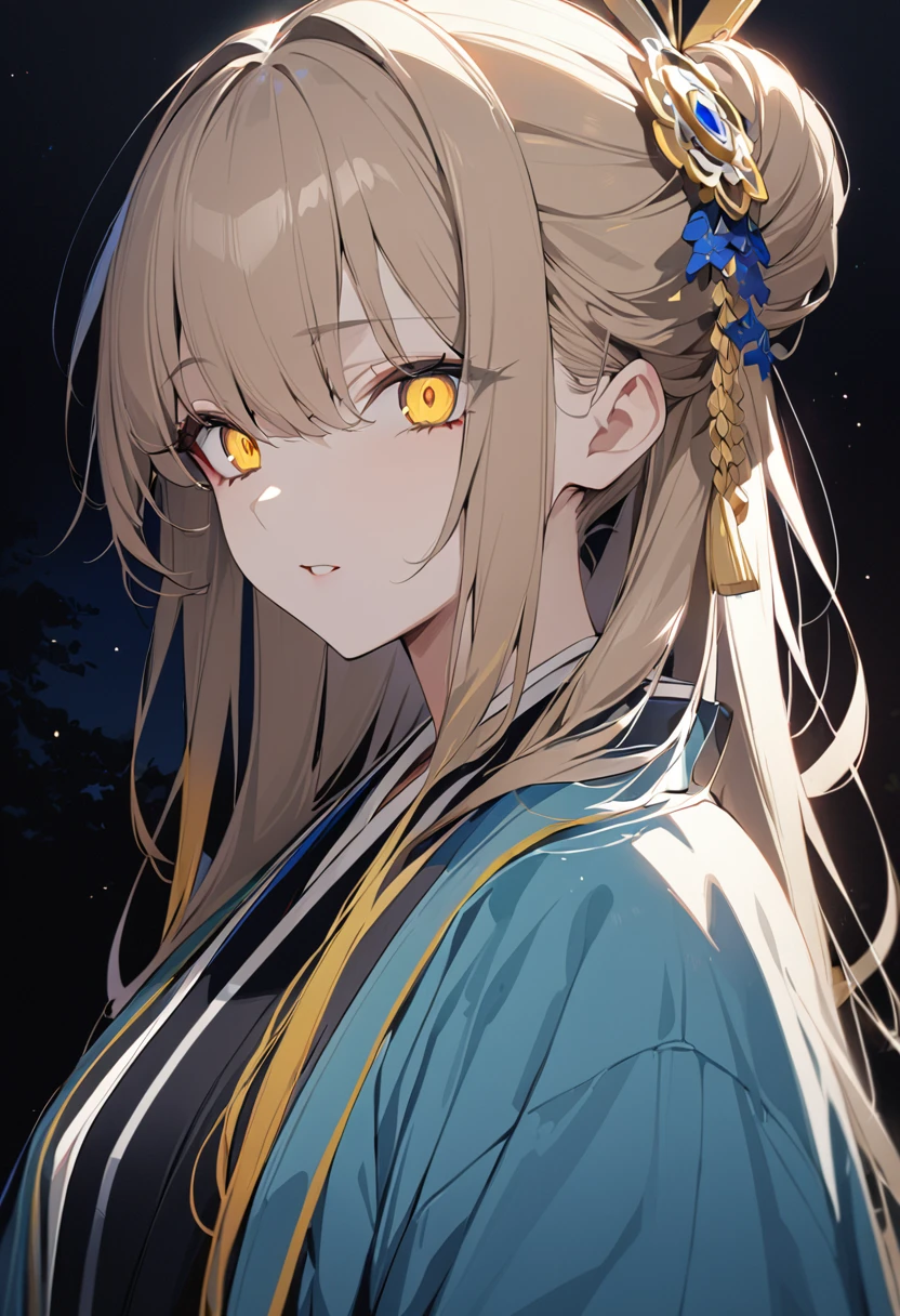 One girl, masterpiece, best quality, beautiful woman, light brown hair, yellow extensions, hair accessory, golden eyes, big eyes, kimono, haori, night sky, black background, anime