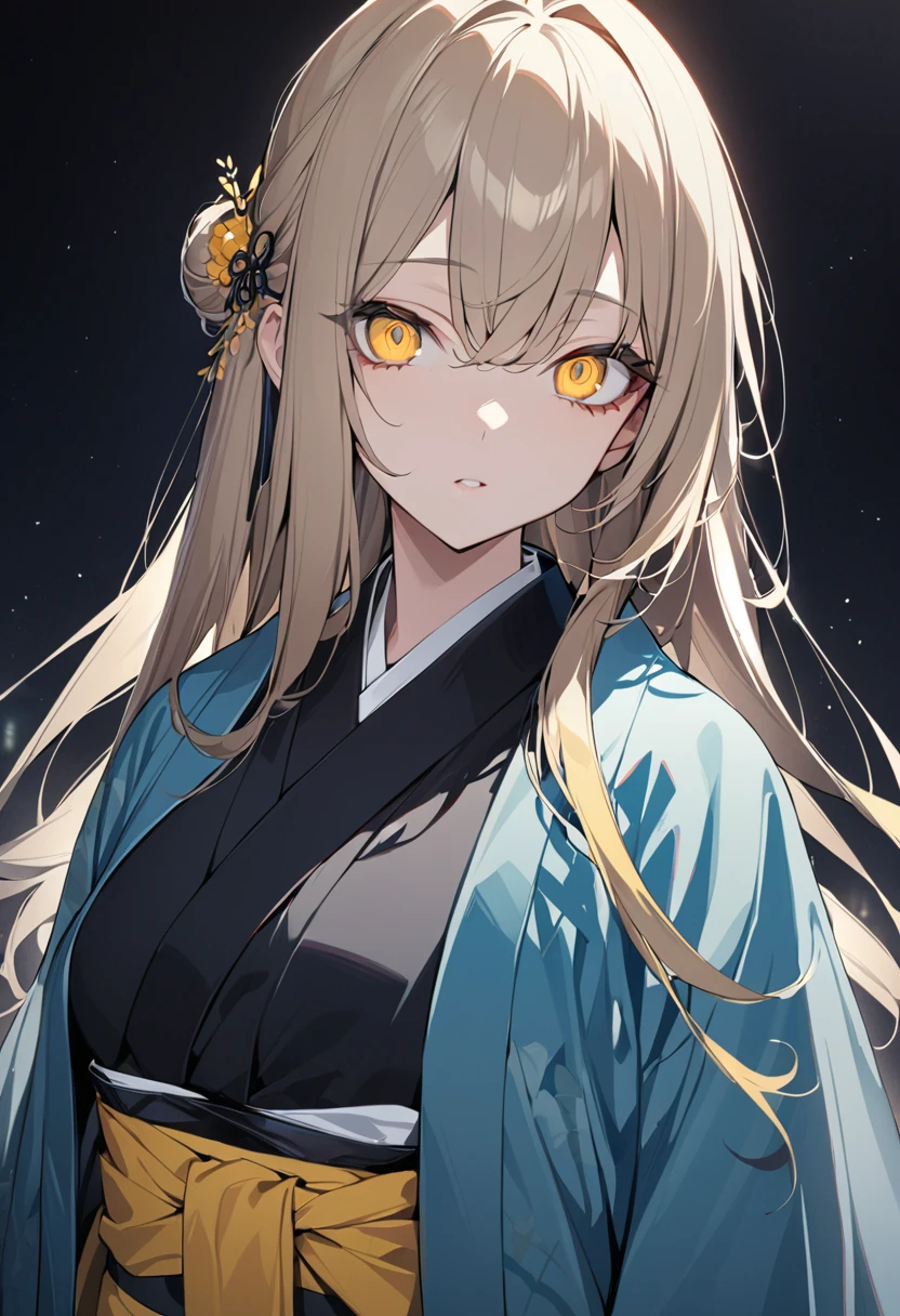 One girl, masterpiece, best quality, beautiful woman, light brown hair, yellow extensions, hair accessory, golden eyes, big eyes, kimono, haori, night sky, black background, anime