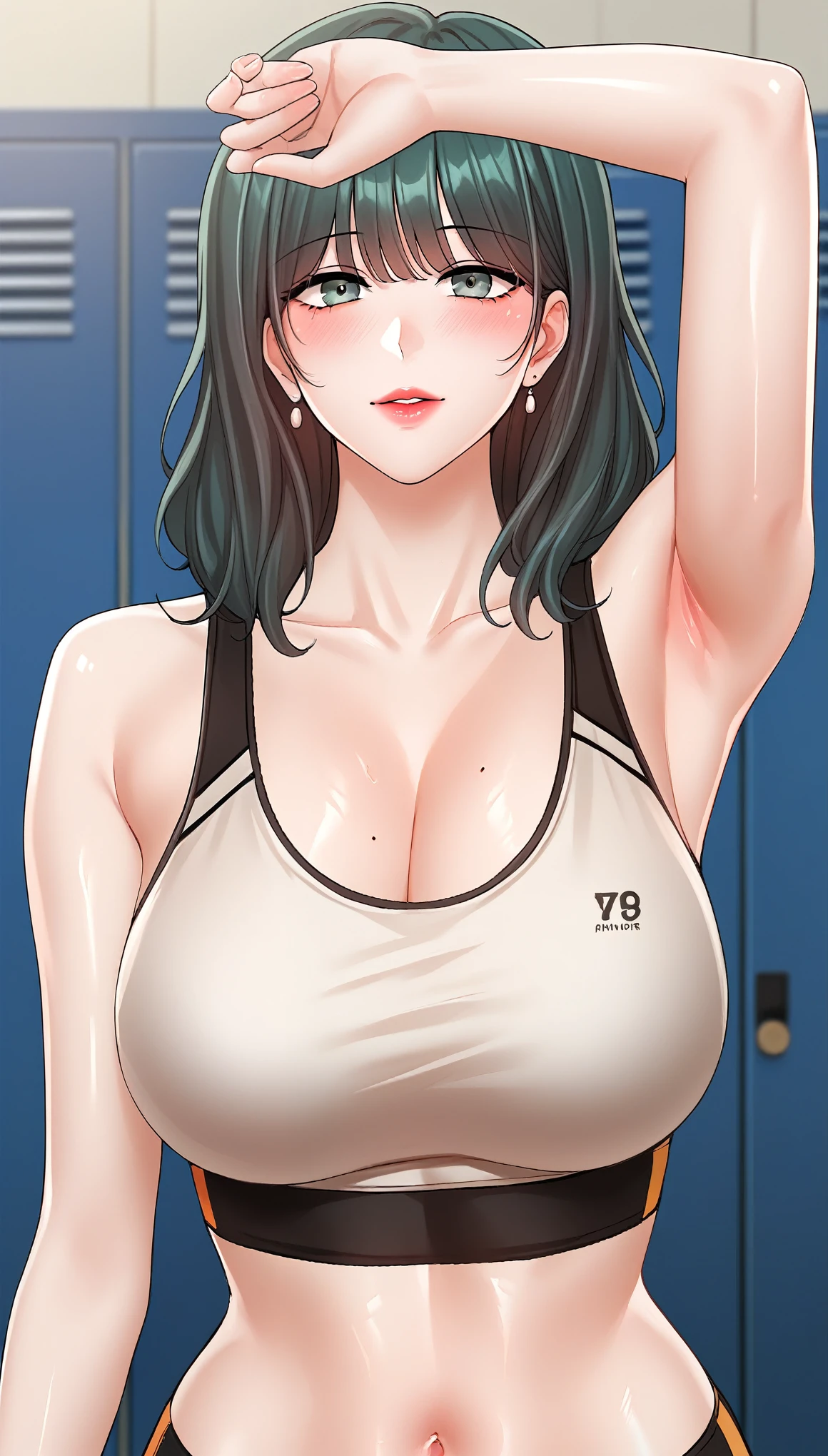 score_9,score_8_up,score_7_up, source_anime, detailed face, looking at viewer, blush, cowboy shot fw.yerin, masterpiece, absurdres , (intricate details), (colorful),cinematic lighting,bust shot,extremely detailed CG unity 8k wallpaper, 1girl, solo,mature female, arm up, looking at viewer, sports bra, locker room,cowboy shot,