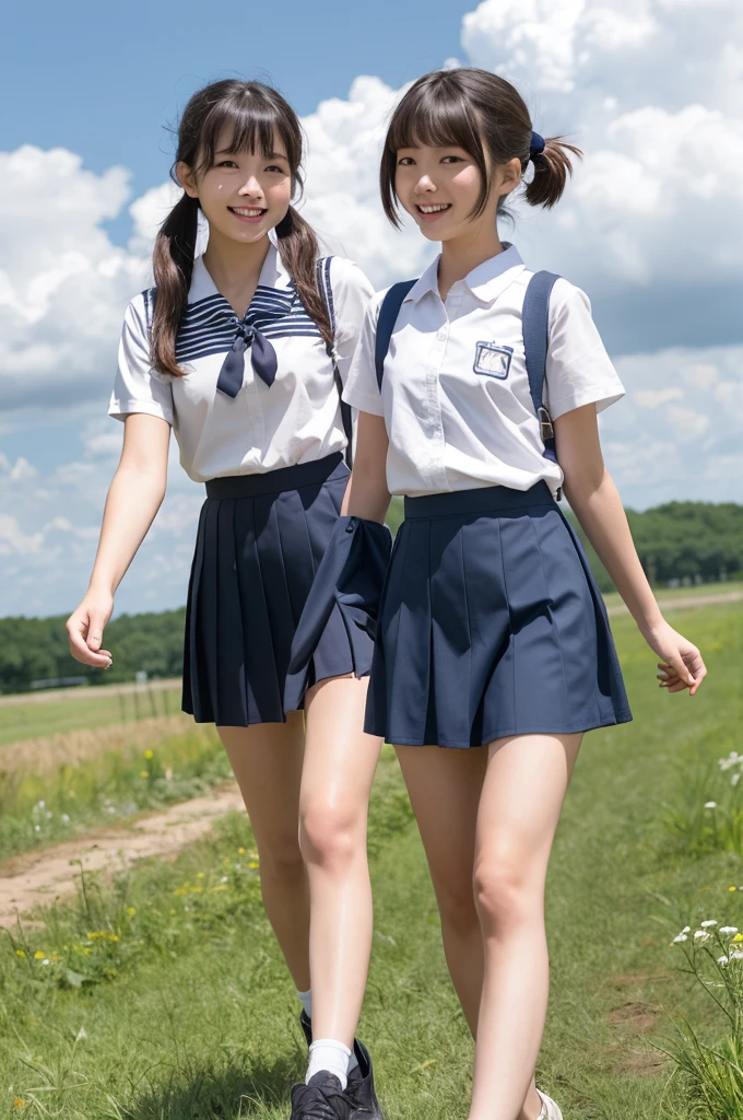 2 girls walking in rural field,cumulonimbus cloud in summer sky,sailor shirt,navy blue pleated skirt,18-year-old,bangs,a little smile,thighs,knees,short hair with low pigtails bunches,from below,front light