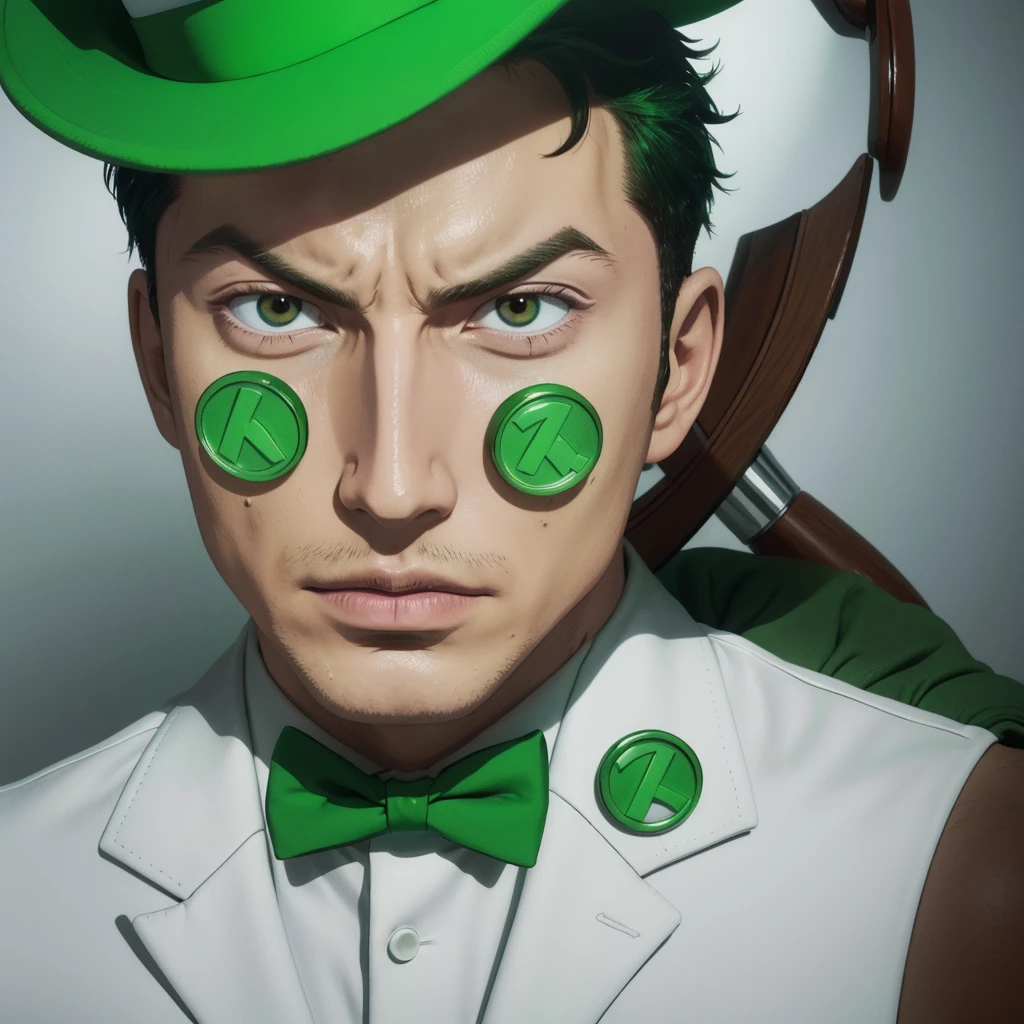 "Create an abstract art image in a monochromatic white and green color scheme, featuring the character Riddler as the focal point. The Riddler should be wearing a green bowler hat and a green blazer with white question marks. He should have dark skin, kinky hair, and brown eyes, with his face depicted in a mysterious, partially hidden manner."